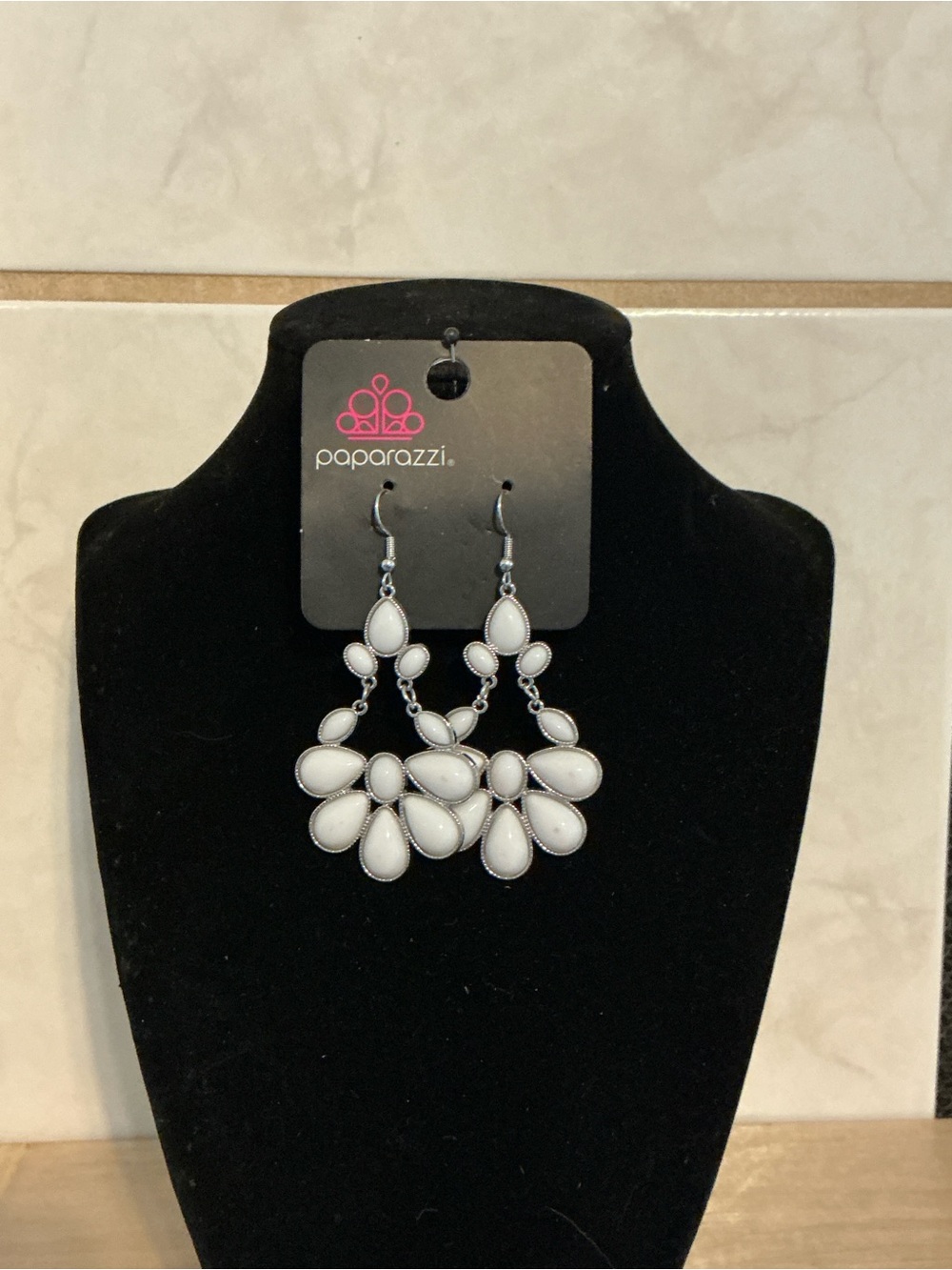 Paparazzi White Teardrop Cluster Chandelier Earrings